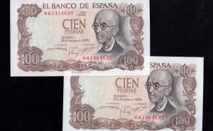 Pareja correlativa 100 Pesetas 1970, serie 6Q, S/C