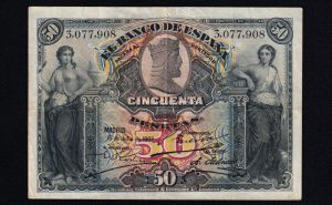 50 Pesetas 1907, sin serie, MBC-, sello seco de estado español