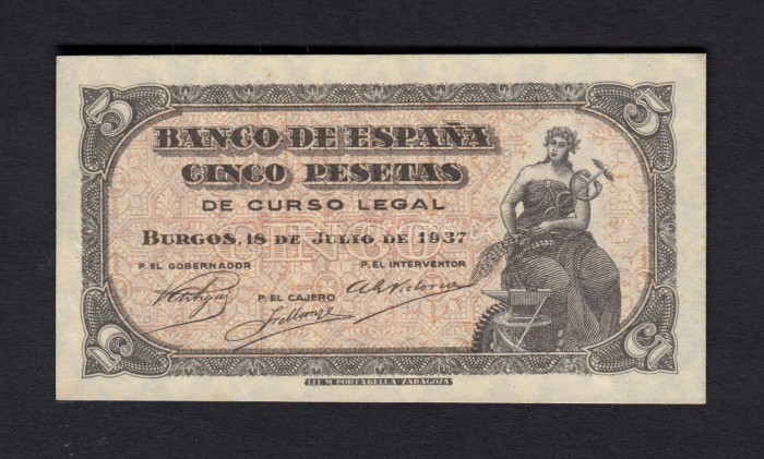 5 pesetas 1937, serie C, S/C-, pliegue de papel en el centro anverso 5 pesetas 1937, serie C, S/C-, pliegue de papel en el centro anverso