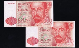 Pareja correlativa 2000 pesetas 1980, sin serie, S/C