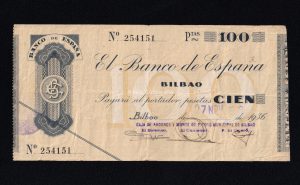 Banco de Bilbao 1936, 100 pesetas, sin serie, MBC, caja de ahorros y monte de piedad municipal de Bilbao