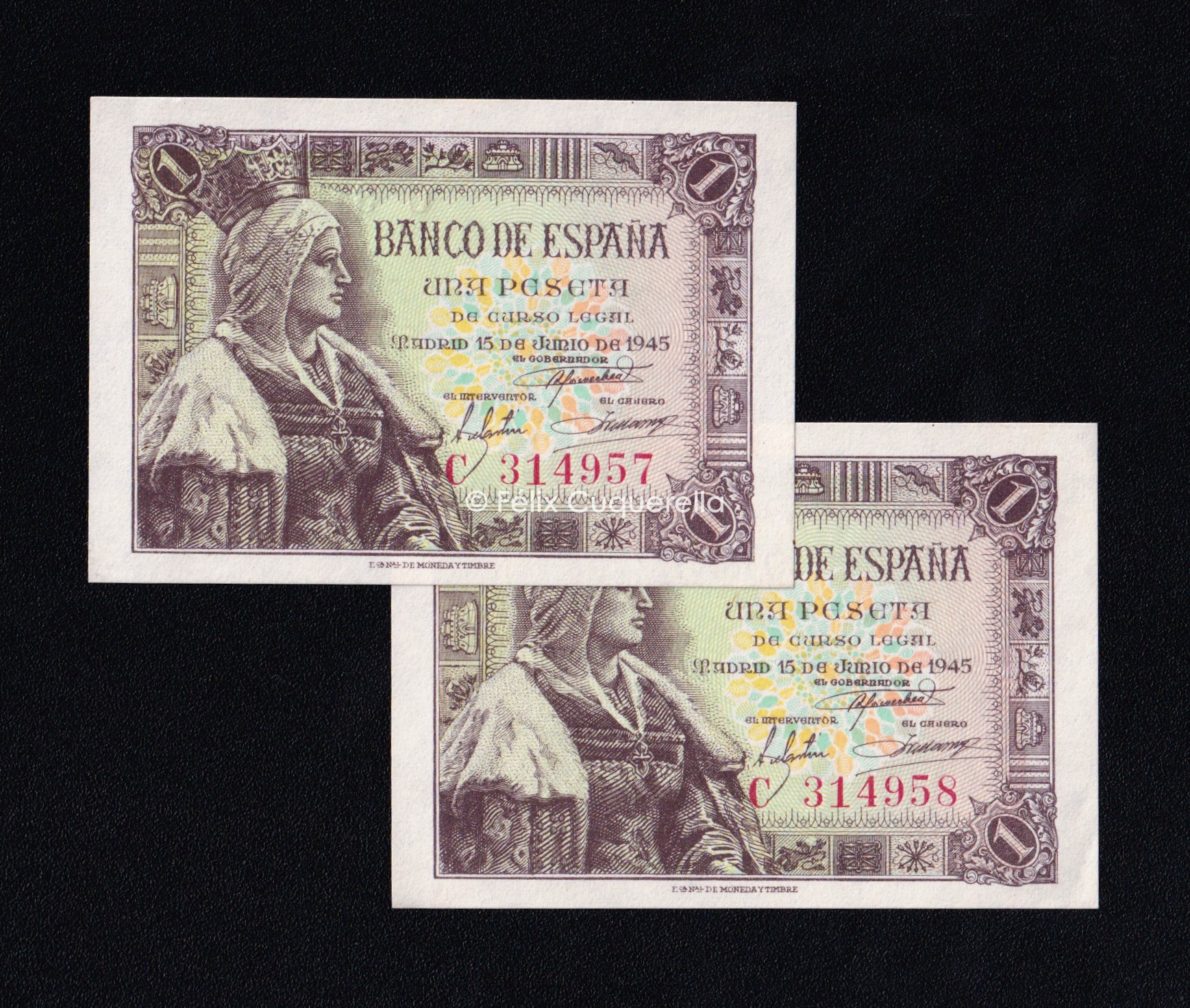 Pareja correlativa 1 peseta 1945, serie C, S/C- Pareja correlativa 1 peseta 1945, serie C, S/C-