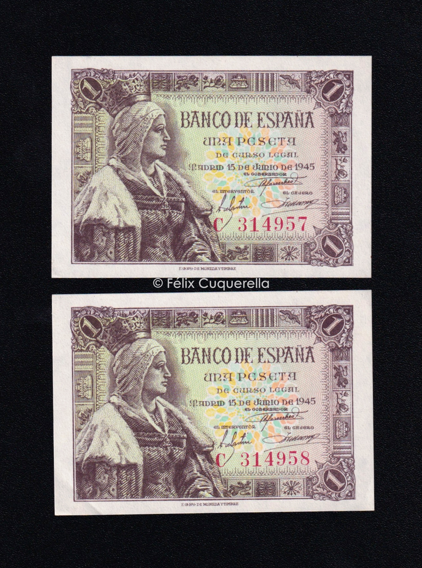Pareja correlativa 1 peseta 1945, serie C, S/C- Pareja correlativa 1 peseta 1945, serie C, S/C-