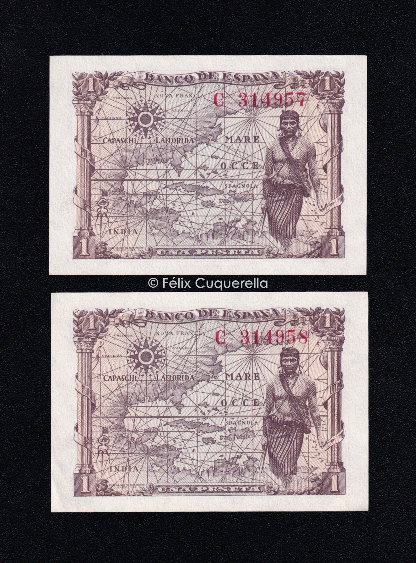 Pareja correlativa 1 peseta 1945, serie C, S/C- Pareja correlativa 1 peseta 1945, serie C, S/C-