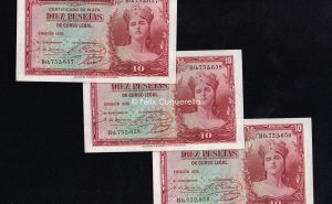 Trío correlativo 10 pesetas 1935, serie B, S/C Trío correlativo 10 pesetas 1935, serie B, S/C