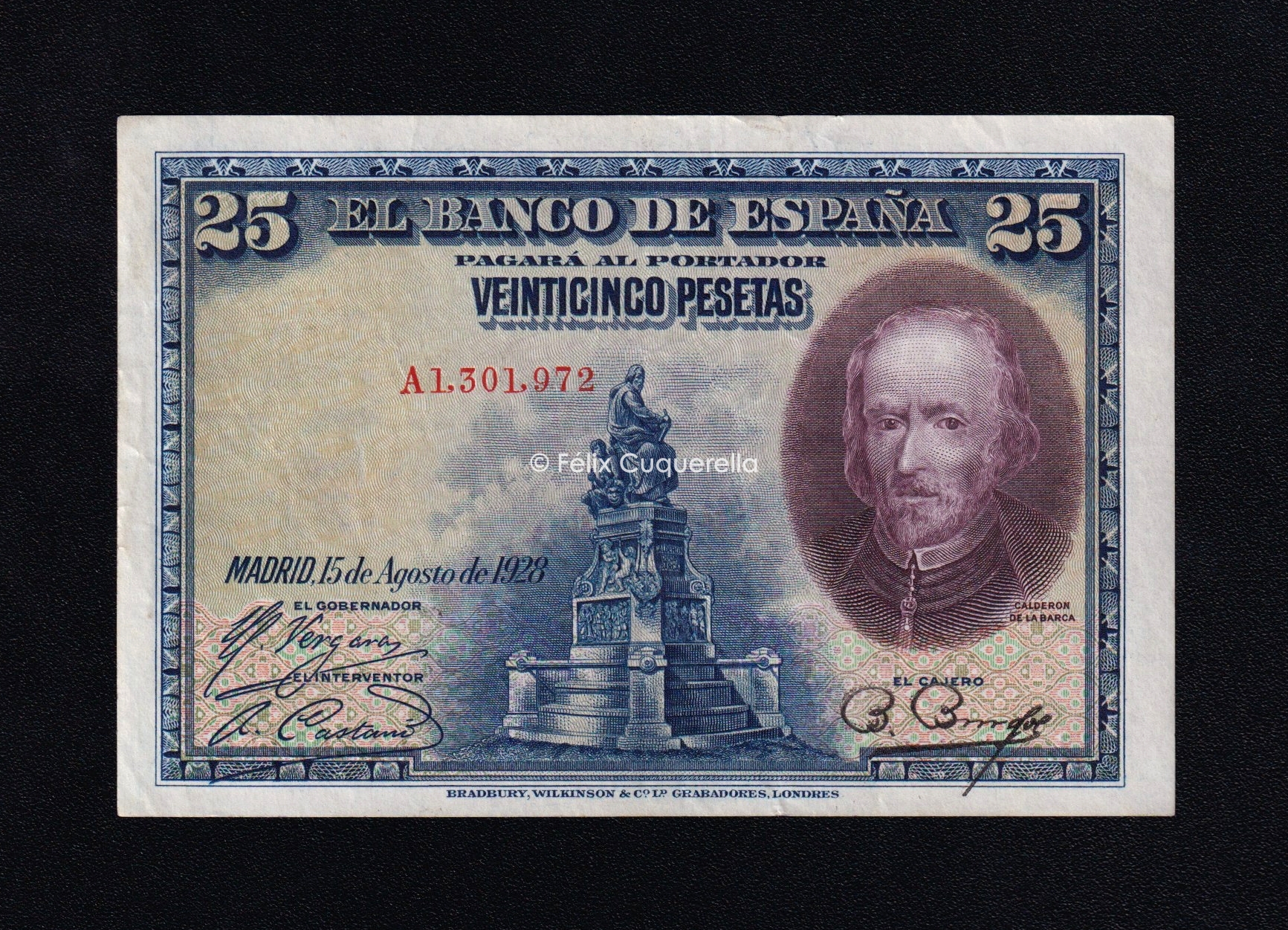 25 pesetas 1928, serie A, numeración baja correspondiente a Alfonso XIII, EBC- 25 pesetas 1928, serie A, numeración baja correspondiente a Alfonso XIII, EBC-