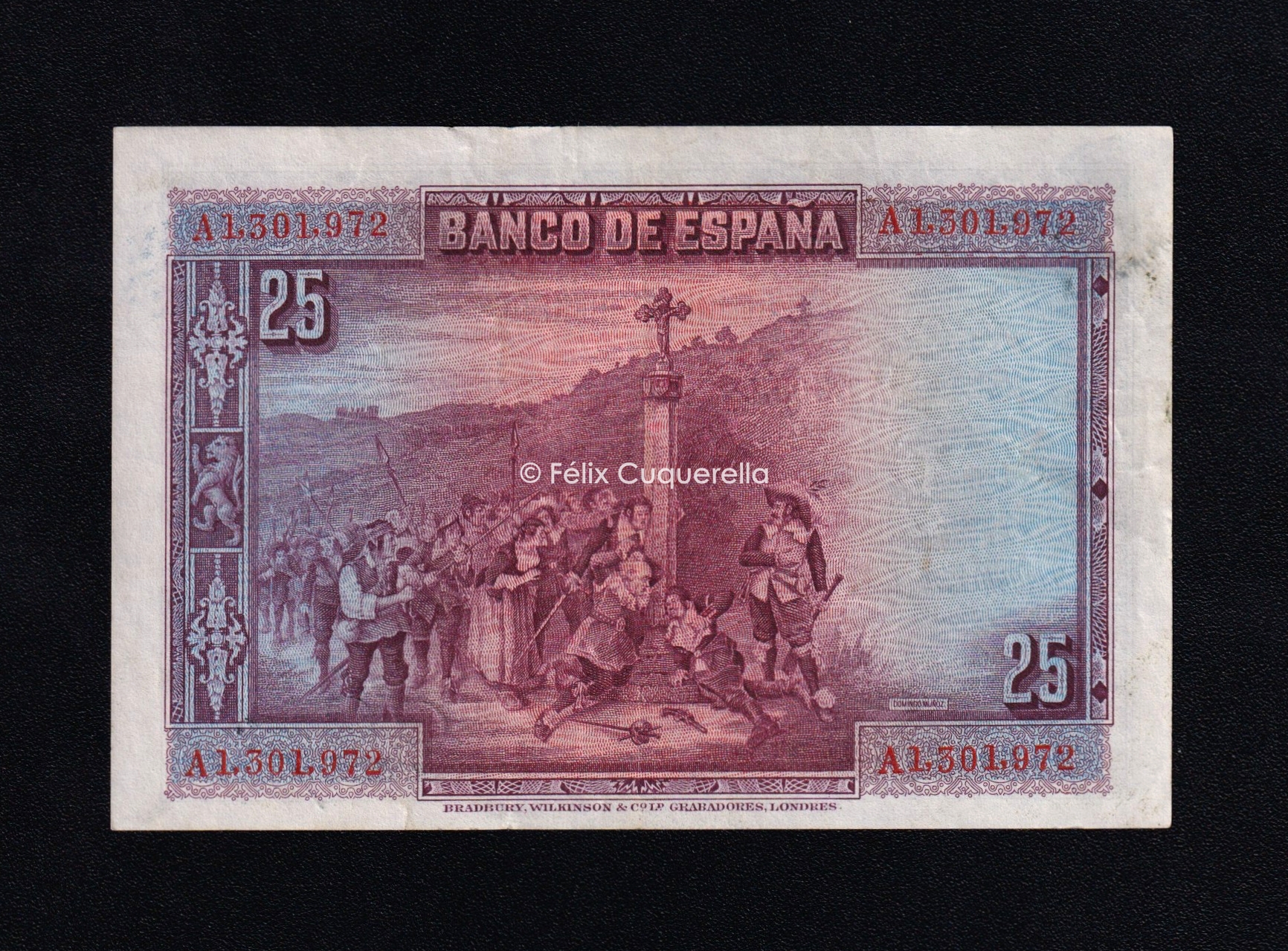25 pesetas 1928, serie A, numeración baja correspondiente a Alfonso XIII, EBC- 25 pesetas 1928, serie A, numeración baja correspondiente a Alfonso XIII, EBC-
