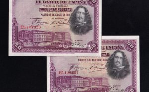 Pareja correlativa 50 pesetas 1928, serie E, S/C Pareja correlativa 50 pesetas 1928, serie E, S/C