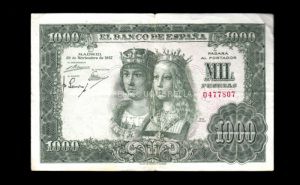 1000 pesetas 1957, sin serie, MBC-, diversas roturas, manchado anverso