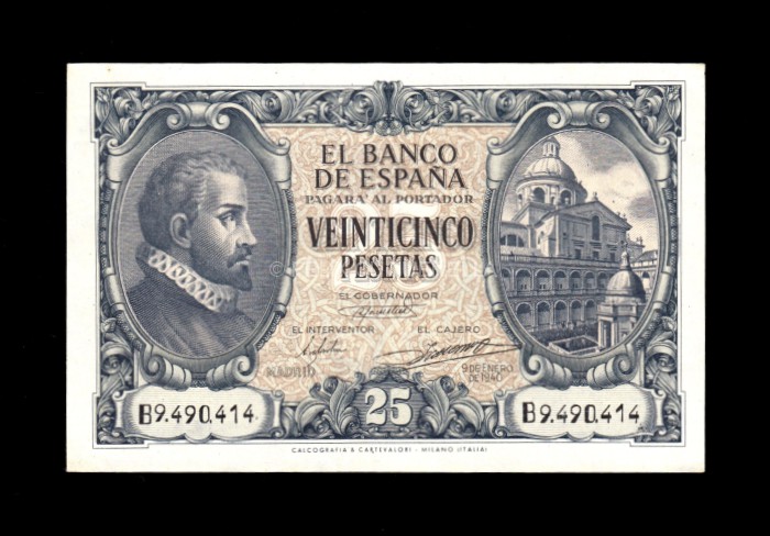 25 Pesetas 1940, serie B, S/C-, marca en el pico, manchita en reverso anverso 25 Pesetas 1940, serie B, S/C-, marca en el pico, manchita en reverso anverso