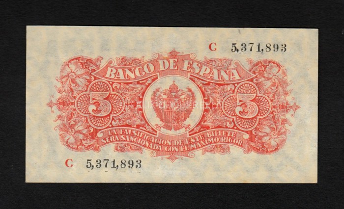 5 pesetas 1937, serie C, S/C-, pliegue de papel en el centro reverso 5 pesetas 1937, serie C, S/C-, pliegue de papel en el centro reverso