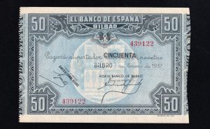 Banco de Bilbao , 50 Pesetas 1937 , S/C- , banco de Bilbao