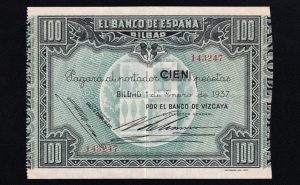 Banco de Bilbao 1937, 100 pesetas, EBC, banco de Vizcaya