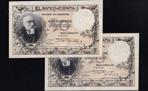Pareja correlativa 50 Pesetas 1905, EBC+