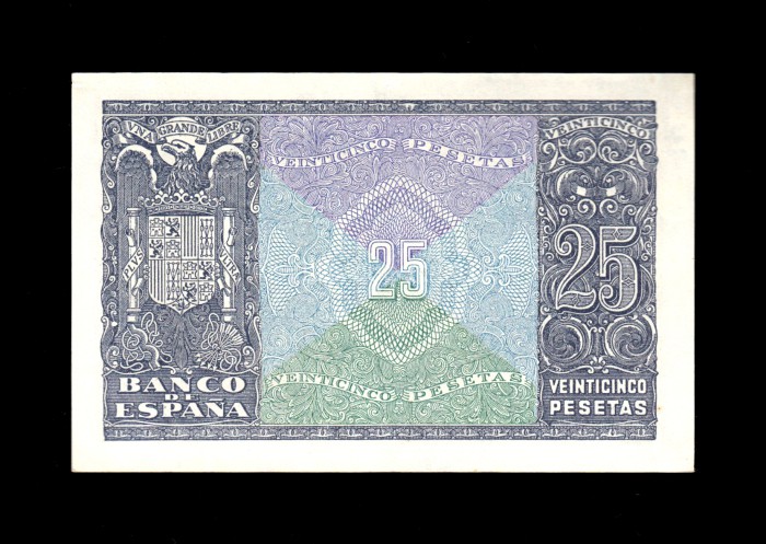25 Pesetas 1940, serie B, S/C-, marca en el pico, manchita en reverso reverso 25 Pesetas 1940, serie B, S/C-, marca en el pico, manchita en reverso reverso