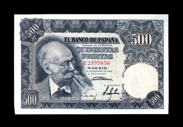 500 Pesetas 1951, serie C, EBC+, pico izquierdo recortado anverso 500 Pesetas 1951, serie C, EBC+, pico izquierdo recortado anverso