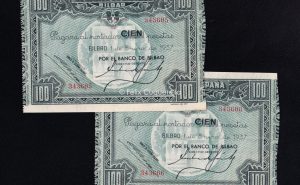 Banco de Bilbao 1937, pareja correlativa 100 pesetas, S/C-, banco de Bilbao