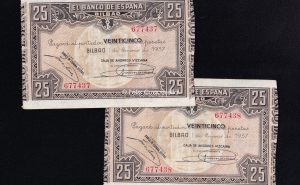 Banco de Bilbao 1937, pareja correlativa 25 pesetas, EBC, caja de ahorroz vizcaína