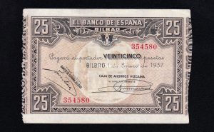 Banco de Bilbao 1937, 25 pesetas, sin serie, EBC+, caja vizcaina