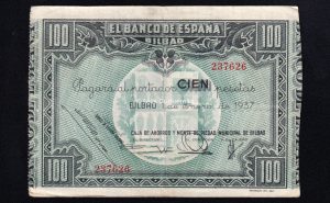 Banco de Bilbao 1937, 100 pesetas, MBC, caja de ahorros y monte de piedad municipal de Bilbao