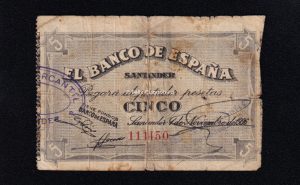 Banco de Santander 1936, 5 pesetas, R/C, roto y pegado con adhesivo