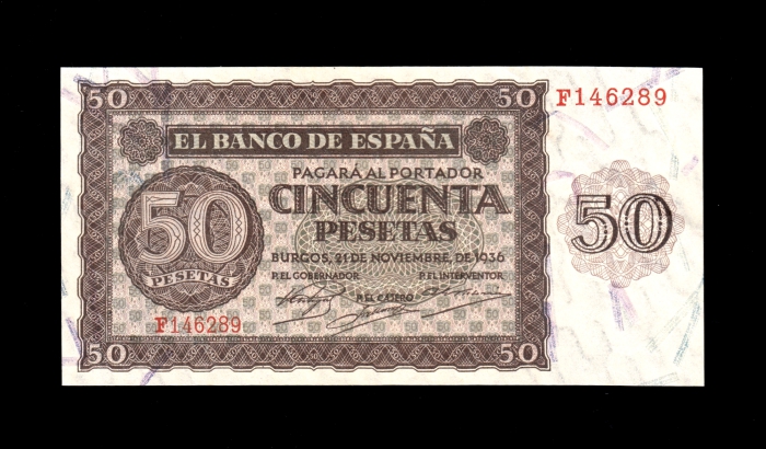 50 Pesetas 1936, serie F, EBC+, con todo su apresto anverso 50 Pesetas 1936, serie F, EBC+, con todo su apresto anverso