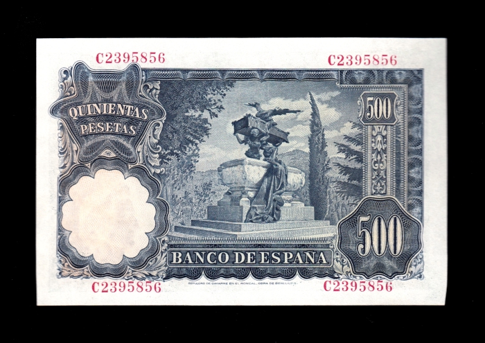 500 Pesetas 1951, serie C, EBC+, pico izquierdo recortado reverso 500 Pesetas 1951, serie C, EBC+, pico izquierdo recortado reverso