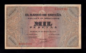 Número bajo 1000 Pesetas 1938, serie A, MBC+, con todo su apresto anverso