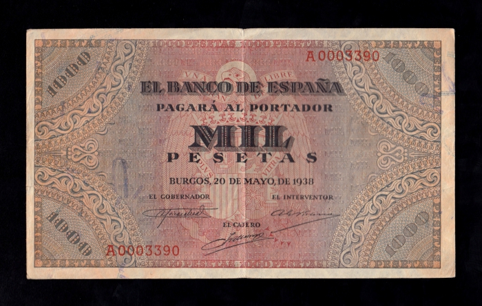 Número bajo 1000 Pesetas 1938, serie A, MBC+, con todo su apresto anverso Número bajo 1000 Pesetas 1938, serie A, MBC+, con todo su apresto anverso