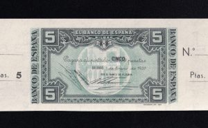 Banco de Bilbao , 5 Pesetas 1937 , Sin serie , S/C , con matriz, Banco de Vizcaya