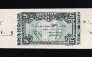 Banco de Bilbao , 5 Pesetas 1937 , Sin serie , S/C- , con matriz, Banco de Bilbao
