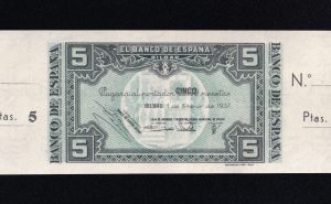 Banco de Bilbao , 5 Pesetas 1937 , Sin serie , S/C , con matriz, Caja de Ahorros y Monte de Piedad Municipal de Bilbao