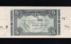 Banco de Bilbao , 5 Pesetas 1937 , Serie A , S/C- , con matriz, Banco Guipuzcano