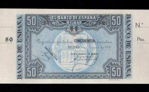 Banco de Bilbao , 50 Pesetas 1937 , S/C- , manchita , con matriz