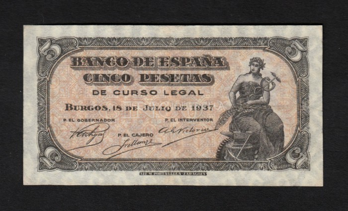5 pesetas 1937, serie C, MBC, picos arreglados anverso 5 pesetas 1937, serie C, MBC, picos arreglados anverso
