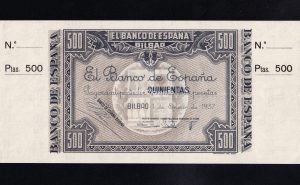 Banco de Bilbao , 500 Pesetas 1937 , S/C-, con matriz, Caja de ahorros y monte de piedad municipal de Bilbao