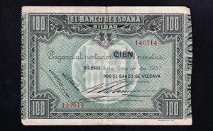 Banco de Bilbao 1937, 100 pesetas, MBC-, banco de Vizcaya
