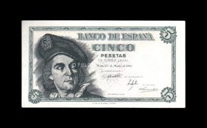 5 pesetas 1948, serie J, S/C-, pico doblado, marquita en margen superior anverso