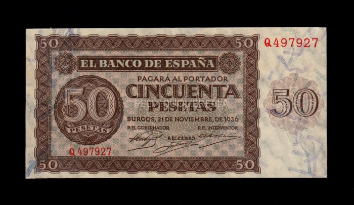 50 Pesetas 1936, serie Q, EBC, pico restaurado anverso 50 Pesetas 1936, serie Q, EBC, pico restaurado anverso