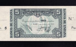 Banco de Bilbao , 5 Pesetas 1937 , Serie A , S/C- , con matriz, Banco Central
