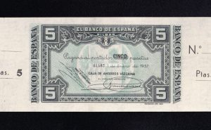 Banco de Bilbao , 5 Pesetas 1937 , Sin serie , S/C- , con matriz, Caja de Ahorros Vizcaína
