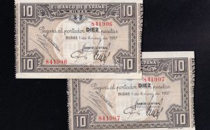 Banco de Bilbao 1937, pareja correlativa 10 pesetas, S/C-, Banco Central