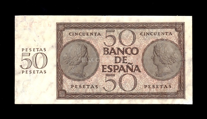 50 Pesetas 1936, serie Q, EBC, pico restaurado reverso 50 Pesetas 1936, serie Q, EBC, pico restaurado reverso