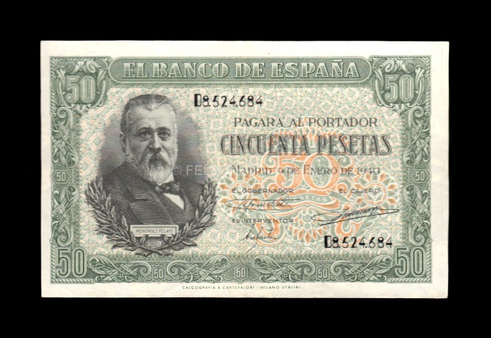 50 Pesetas 1940, serie D, EBC-, dos dobleces verticales anverso 50 Pesetas 1940, serie D, EBC-, dos dobleces verticales anverso