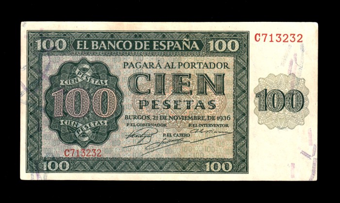 100 Pesetas 1936, serie C, EBC-, varios dobleces verticales, pico redondeado anverso 100 Pesetas 1936, serie C, EBC-, varios dobleces verticales, pico redondeado anverso