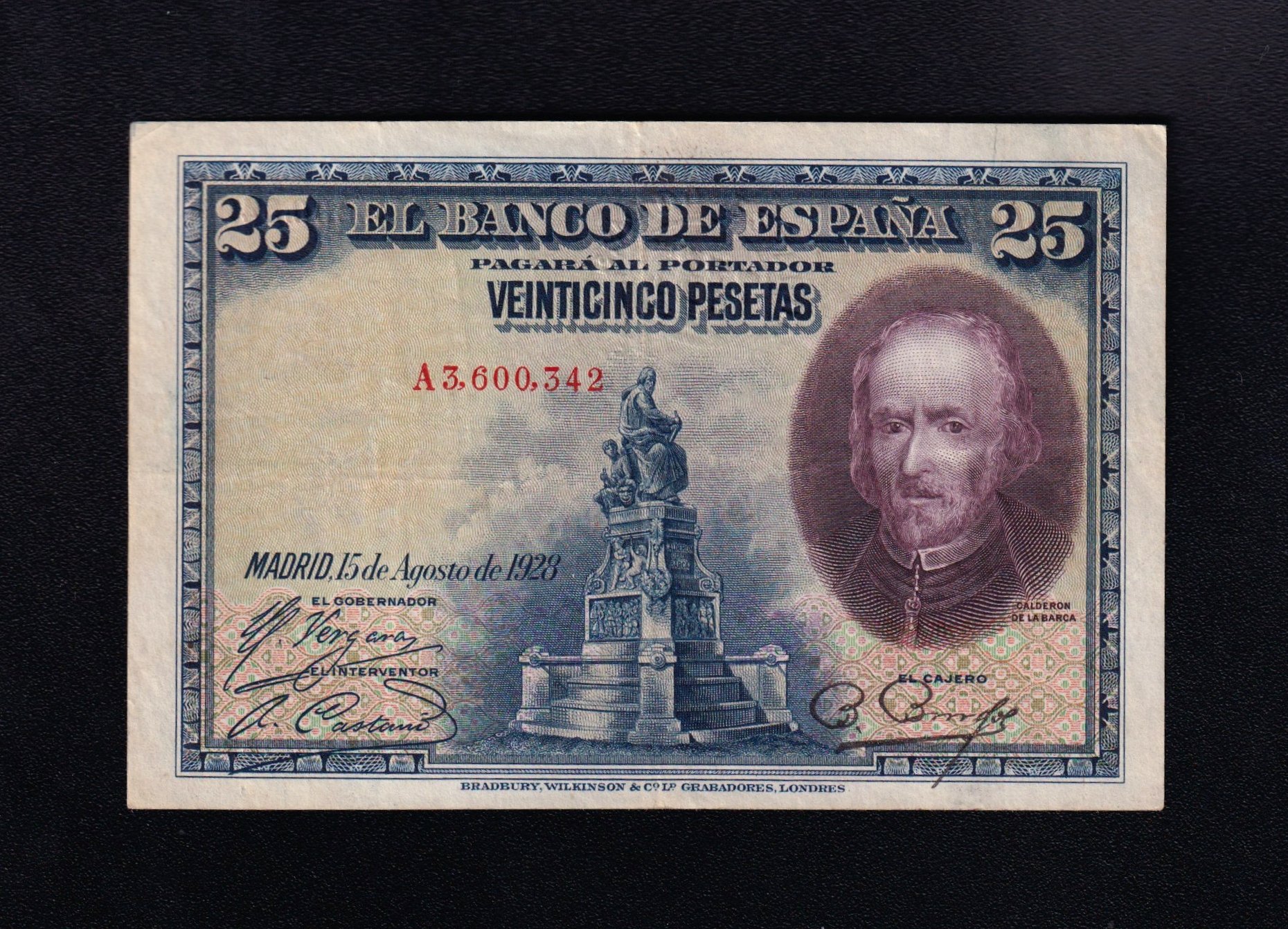 25 Pesetas 1928, serie A, sello en seco de Estado Español, MBC- 25 Pesetas 1928, serie A, sello en seco de Estado Español, MBC-