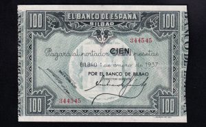 Banco de Bilbao 1937, 100 pesetas, EBC+, banco de Bilbao