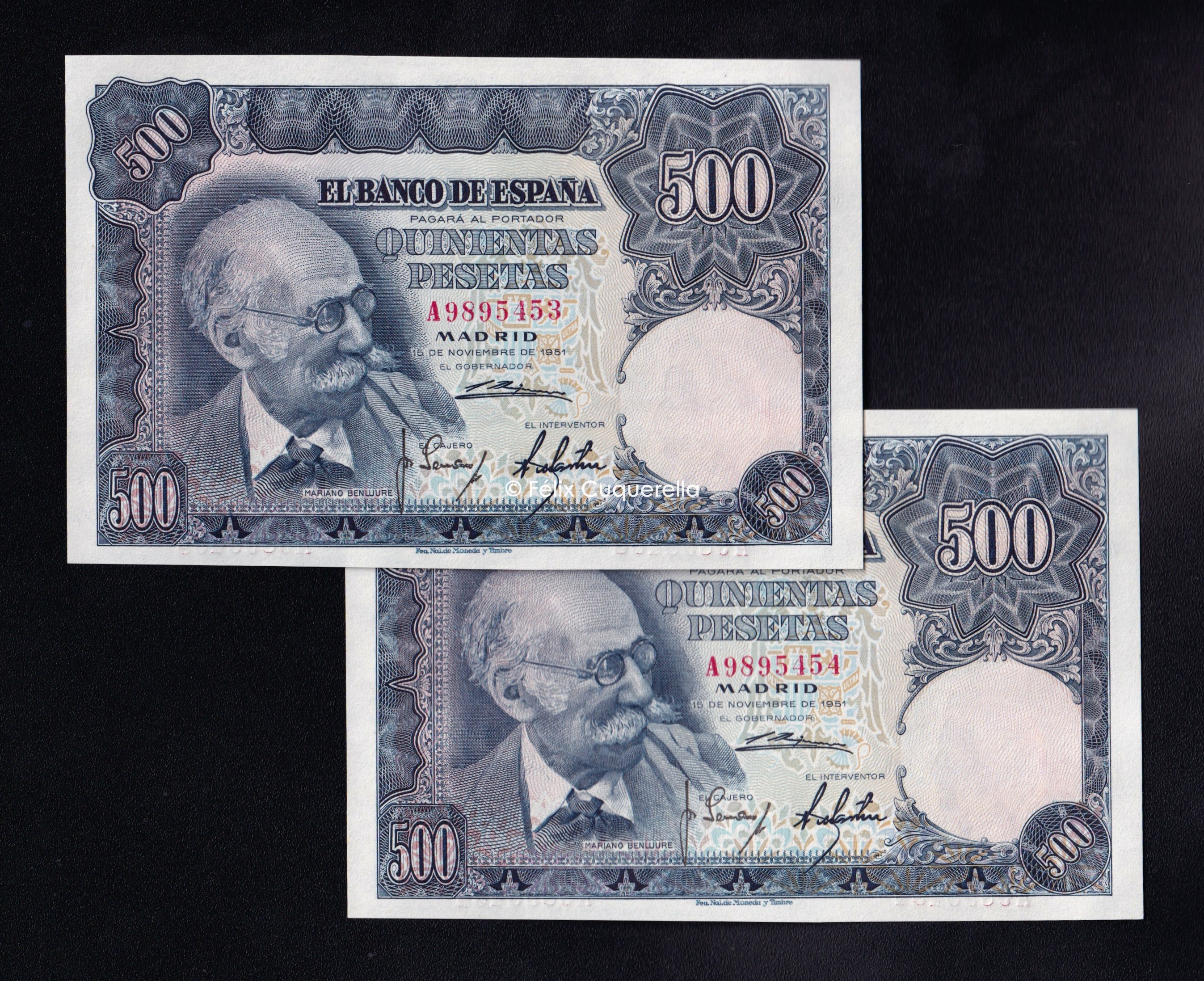 Pareja correlativa 500 pesetas 1951, serie A, S/C Pareja correlativa 500 pesetas 1951, serie A, S/C