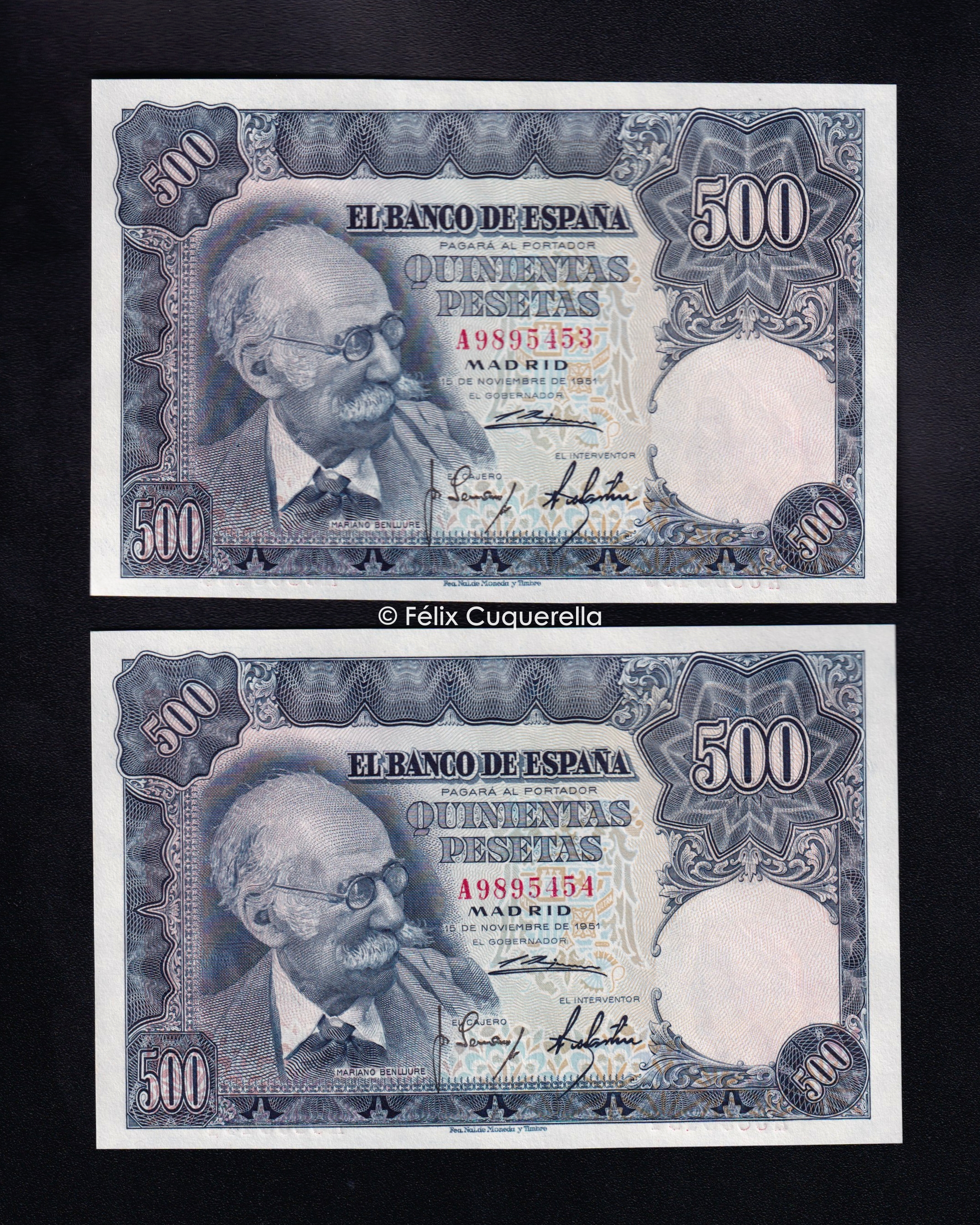 Pareja correlativa 500 pesetas 1951, serie A, S/C Pareja correlativa 500 pesetas 1951, serie A, S/C