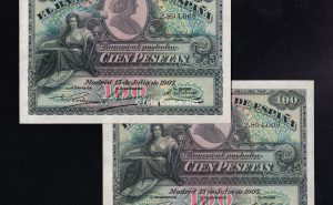 Pareja correlativa 100 Pesetas 1907, (1) S/C- (1) EBC+